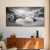 Mirror Lake, Rocky Terrain, Tranquil Waters, Framed Canvas Print, Meditation Room Art, Nature Reflection, Earthy Tones, Spa Decor
