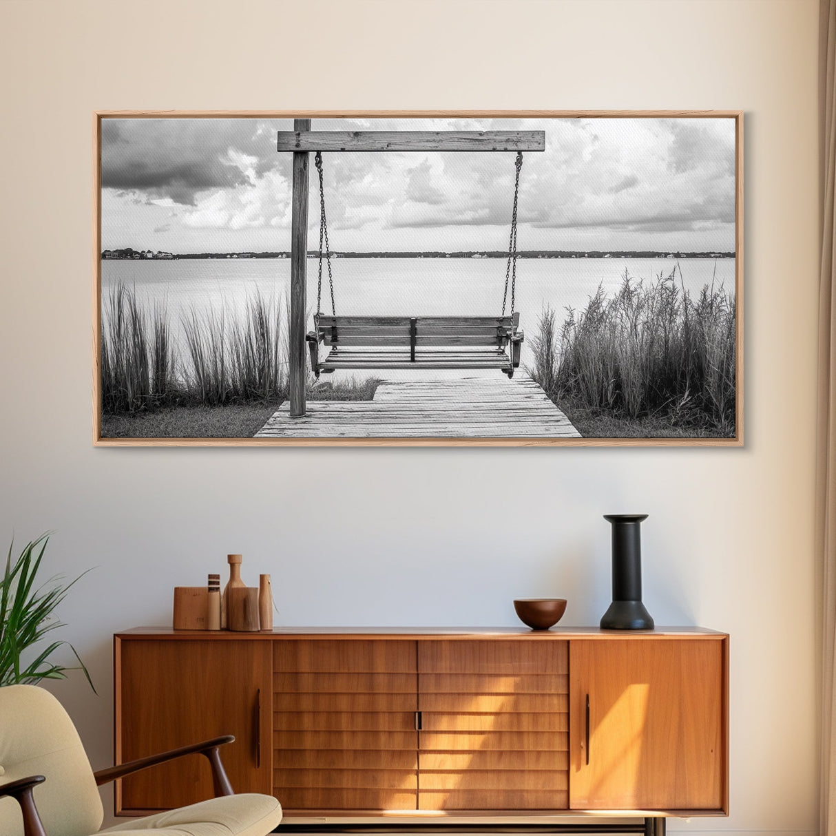 Rustic Lake Swing, Tranquil Nature Scene, Porch Art, Landscape Photography, Framed Canvas Print, Country Decor, Living Room Wall Art