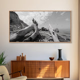 Coastal Driftwood, Beach Landscape, Pebble Shore Scene, Natural Decor Accent, Canvas Print, Relaxed Vibe, Entryway or Den Wall Art