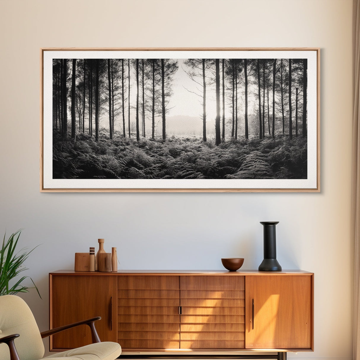 Forest Light Scene, Tall Trees Shadows, Nature Mist Pathway, Framed Canvas Print, Woodland Bedroom Art, Boho Rustic Wall Decor