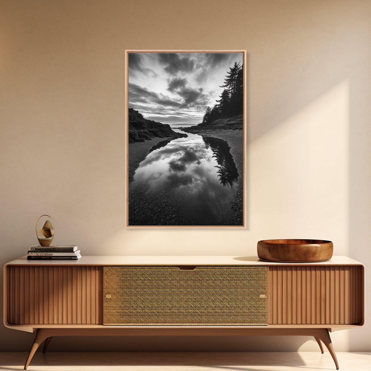 Reflective Tide Pool, Dramatic Sky, Forest Silhouette, Black and White Seascape, Framed Canvas Print, Living Room Wall Art, Nature Boho Style