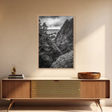 Rugged Ocean View, Coastal Forest, Black and White Mountains, Pacific Northwest Vibes, Framed Canvas Print, Den Wall Art, Moody Cabin Decor