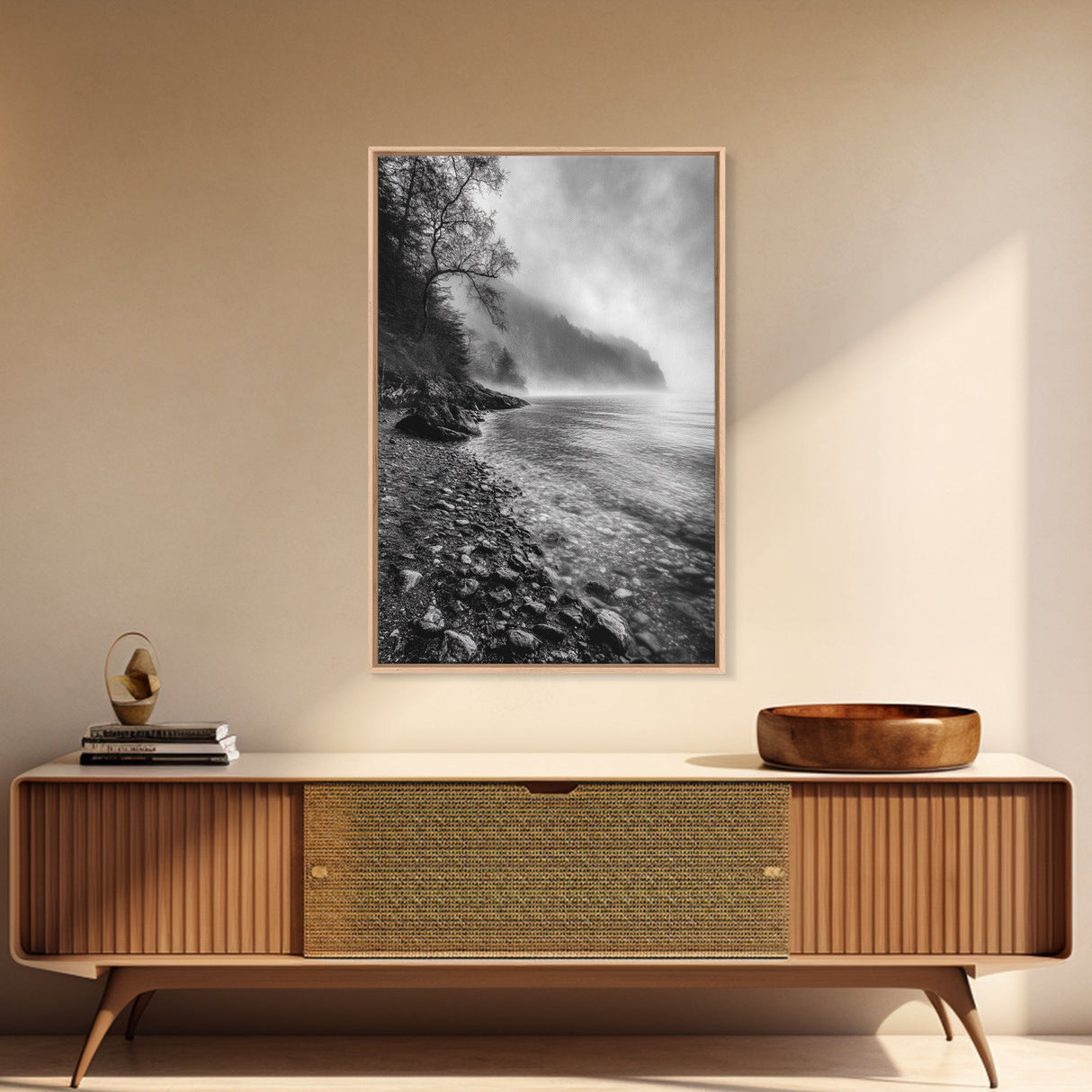 Foggy Coast, Moody Shore, Tranquil Pebbles, Forest Water, Framed Canvas Print, Bathroom Wall Art, Nature Photography Style, Calm Retreat Decor