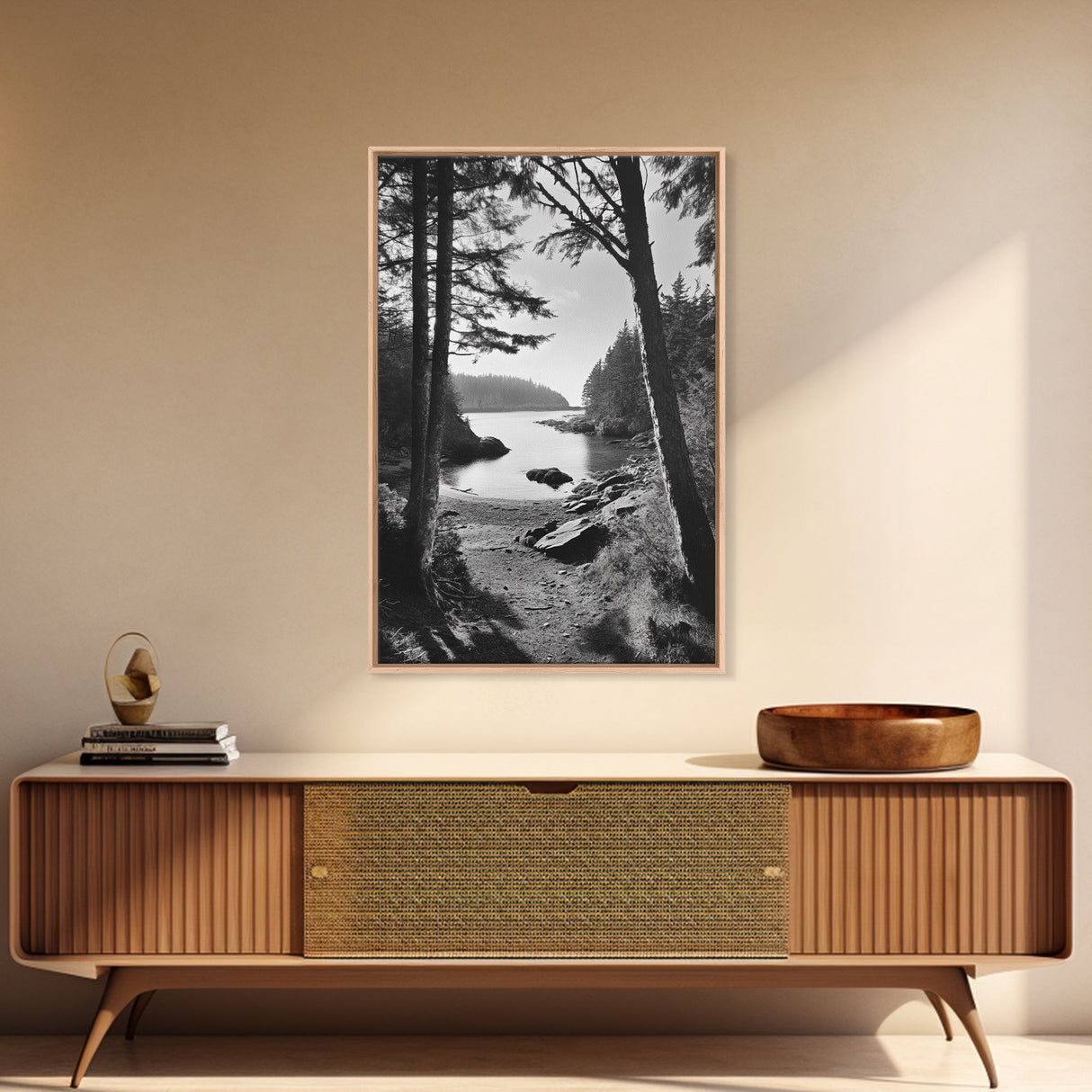 Woodland Cove Path, Tranquil Forest Scene, Nature Escape Art, Canvas Print, Cabin Wall Art, Coastal Boho Decor, Black White Landscape