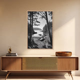 Woodland Cove Path, Tranquil Forest Scene, Nature Escape Art, Canvas Print, Cabin Wall Art, Coastal Boho Decor, Black White Landscape