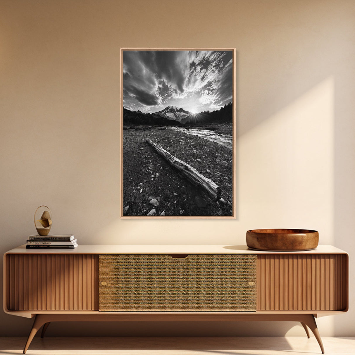 Mountain Sunrise Drift, Alpine Peak Glow, Majestic Morning View, Framed Canvas Print, Entryway Wall Art, Moody Nature Decor, Cabin Style