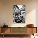 Coastal Village, Fishing Boats, Mediterranean Harbor, Seaside Charm, Framed Canvas Print, Nautical Kitchen Wall Art, Fall Decor Accent