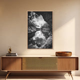 Serene River Reflection, Cave View, Monochrome Nature, Framed Canvas Print, Living Room Wall Art, Tranquil Landscape, Minimalist Decor