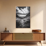 Highland Ocean Trail, Dramatic Clouds, Monochrome Nature, Canvas Print, Office Wall Art, Adventure Landscape, Rustic Home Decor