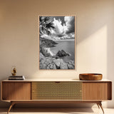 Island View Cliffs, Tropical Shoreline, Black and White Seascape, Framed Canvas Print, Bathroom Art, Travel Decor, Coastal Vibe