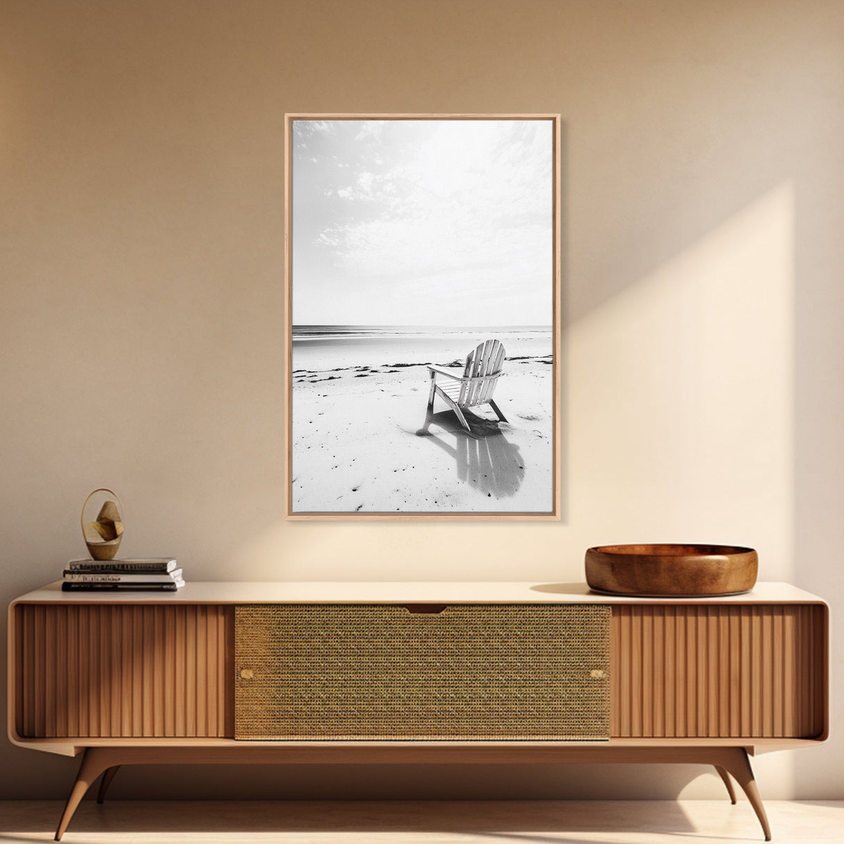 Beach Chair, Coastal Calm, Empty Shoreline, Canvas Print, Minimalist Wall Art, Beach House Decor, Serene Ocean Photography