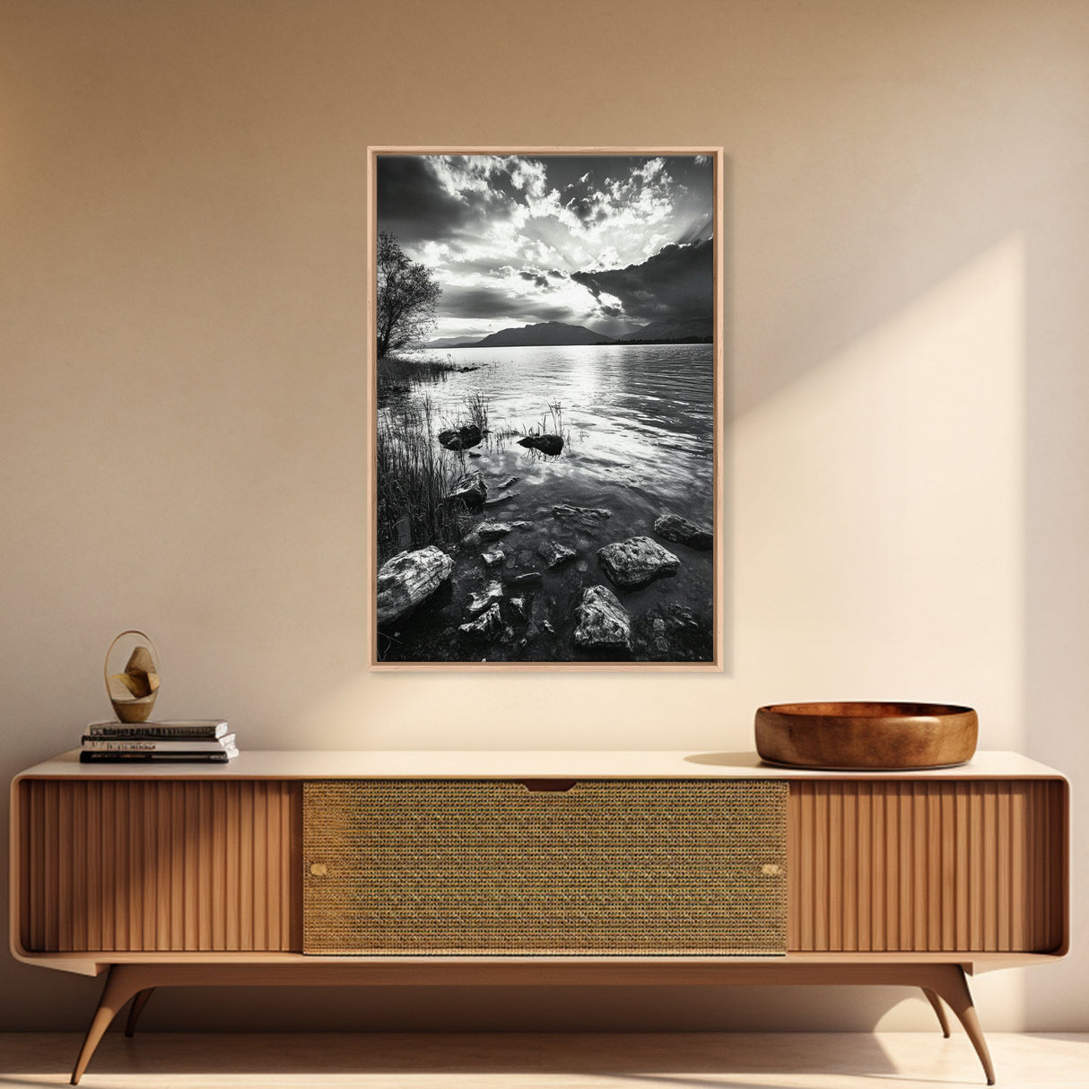 Lake Sunset View, Peaceful Mountainscape, Nature Reflection, Framed Canvas Print, Living Room Wall Art, Tranquil Scenic Landscape