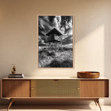 Lifeguard Tower Drama, Windy Beach Sky, Ocean Landscape, Canvas Print, Coastal Wall Art, Moody Surreal Decor, Living Room Statement Art