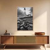Lighthouse Shore Rocks, Coastal Beacon, Moody Clouds, Framed Canvas Print, Nautical Wall Art, Rustic Beach House Decor, Fall Storm Style
