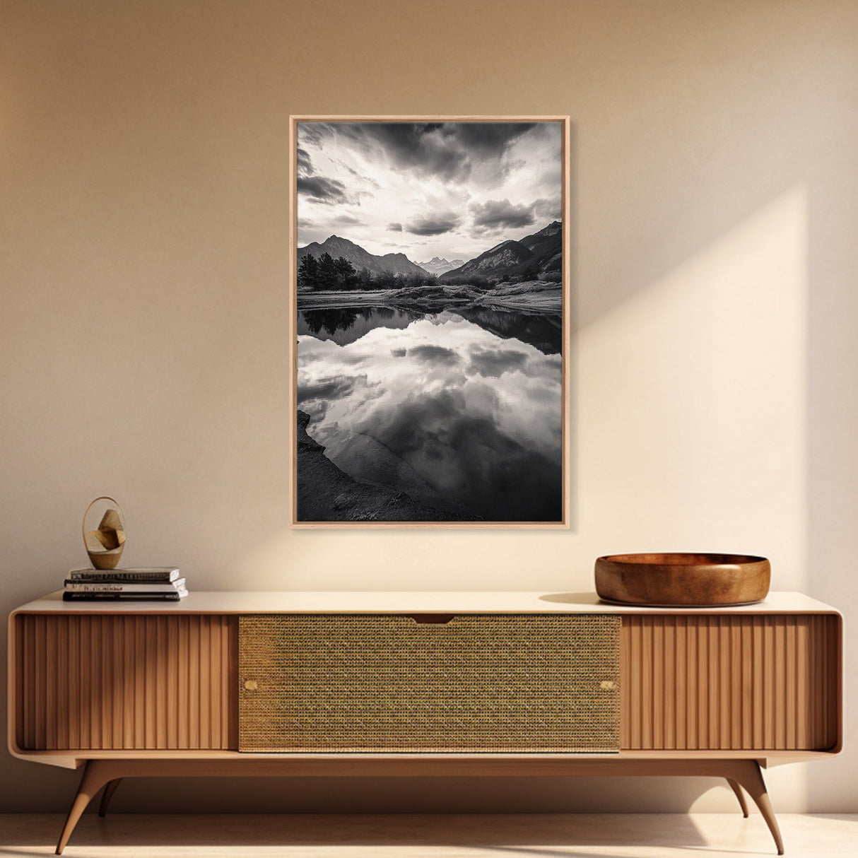 Alpine Reflections, Dramatic Skies, Mountain Serenity, Canvas Print, Living Room Wall Art, Moody Landscape Photography, Monochrome Decor