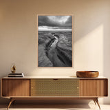 Winding Stream, Grassy Dunes, Ocean Horizon, Canvas Print, Kitchen Wall Art, Black and White Nature Scene, Coastal Rustic Decor