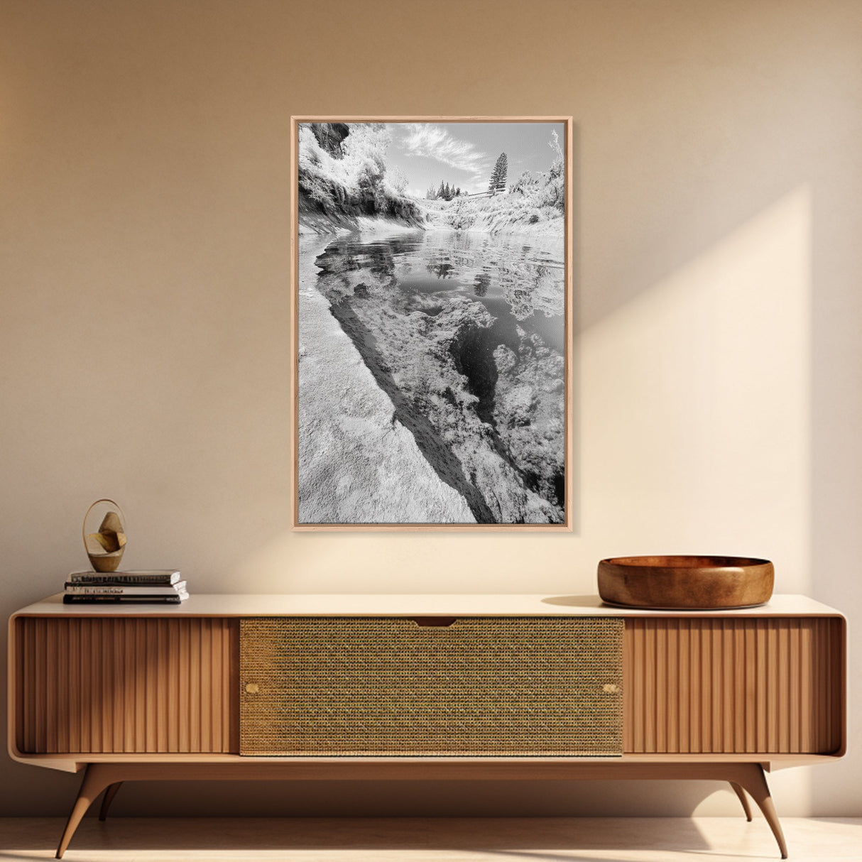 Reflective Riverbed, Nature Tranquility, Monochrome Landscape, Canvas Print, Bathroom Wall Art, Zen Decor, Fine Art Photography
