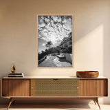Mediterranean Villa, Palm Tree Art, Coastal Pathway, Framed Canvas Print, Living Room Decor, Summer Wall Art, Black and White Photography