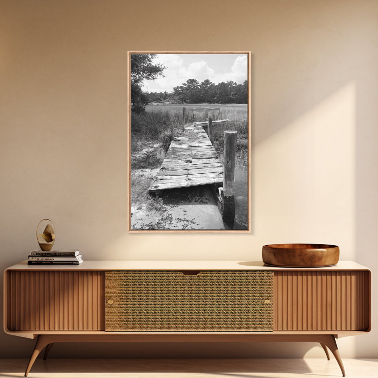 Marsh Dock, Southern Nature, Weathered Pier, Framed Canvas Print, Guest Room Wall Art, Rural Landscape, Fall Wall Art, Country Style
