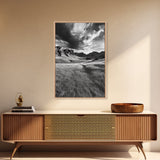 Mountain Valley, Stormy Sky, Western Landscape, Framed Canvas Print, Office Wall Art, Moody Nature Decor, Fall Art, Wilderness Style