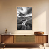 Solitary Tree, Storm Sky, Tranquil Meadow, Nature Landscape, Framed Canvas Print, Rustic Decor, Fall Wall Art, Bedroom Minimalist Art