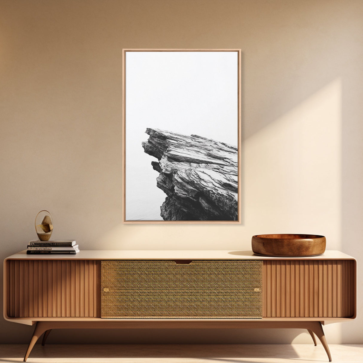 Weathered Cliffside, Coastal Rock, Modern Minimalism, Nature Decor, Framed Canvas Print, Neutral Tones, Office Wall Art, Beachy Aesthetic
