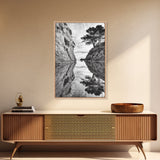 Reflected Trees, Peaceful Cove, Monochrome Seascape, Tranquil Decor, Framed Canvas Print, Zen Wall Art, Entryway Print, Coastal Calm