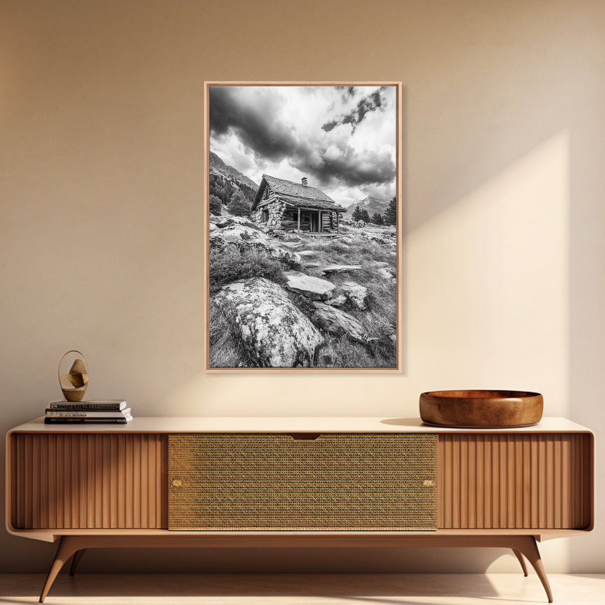 Rustic Cabin, Mountain Hideaway, Stormy Sky, Nature Lodge Decor, Framed Canvas Print, Autumn Vibes, Cozy Wall Art, Rustic Home Style
