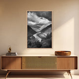 Mountain Valley, Rainbow River, Forest Panorama, Cloud Drama, Framed Canvas Print, Living Room Wall Art, Tranquil Nature, Scenic Beauty