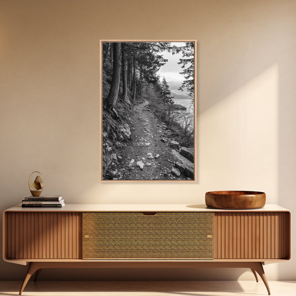 Forest Pathway Trail, Wilderness Escape, Rustic Nature, Black and White Framed Canvas Print, Cozy Cabin or Entryway Wall Art