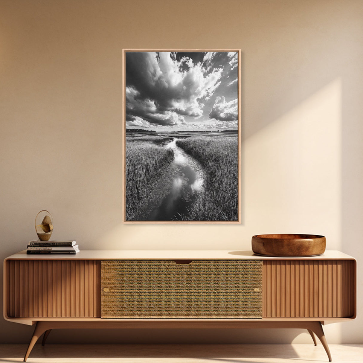 Marshland Stream, Dramatic Clouds, Nature Reflection, Canvas Print, Minimalist Landscape, Bathroom Art, Earthy Tones, Zen Mood