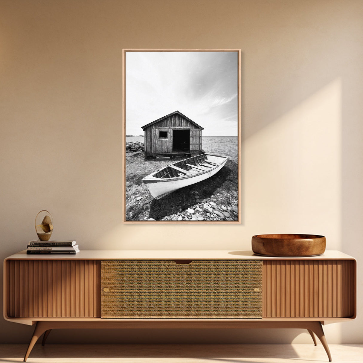 Shore Cabin, Rowboat Rest, Coastal Cabin, Serene Shoreline, Canvas Print, Lake House Wall Art, Rustic Decor, Living Room Seaside Art