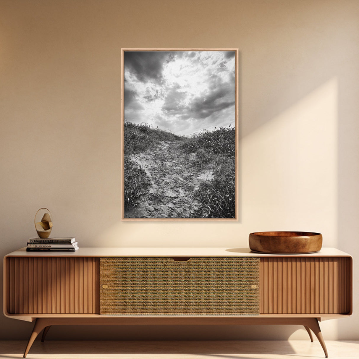 Sandy Trail, Ocean Path, Windy Grass, Moody Sky, Framed Canvas Print, coastal nature photography, hallway decor, rustic neutral art