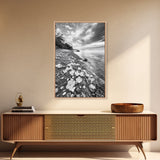 Flower Shore, Peaceful Beach, Moody Sky, Petal Scape, Framed Canvas Print, romantic beach art, bedroom decor, black and white floral print