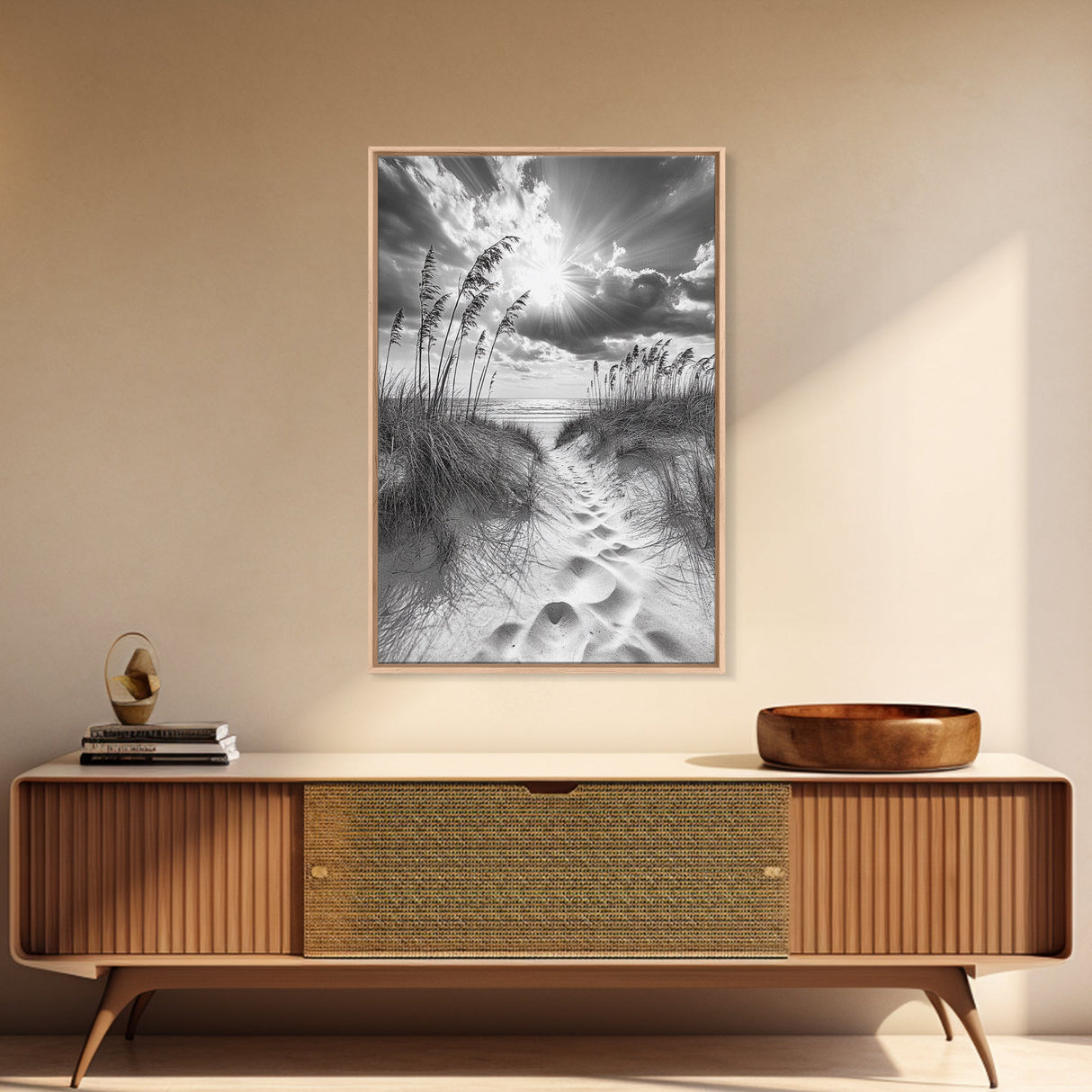 Beach Path, Seagrass Sunset, Radiant Sky, Coastal Light, Framed Canvas Print, coastal farmhouse decor, entryway art, sunshine beach scene