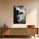 Stormy Cliffs, Ocean Fog, Monochrome Coast, Wild Nature Framed Canvas Print, moody wall art, rustic living room decor, dark aesthetic
