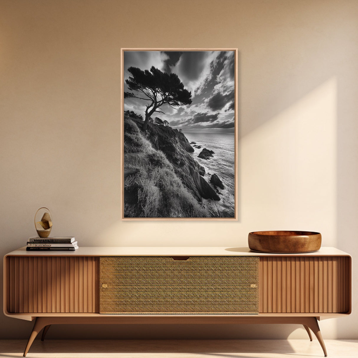 Coastal Pines, Rocky Shore, Windswept Tree, Wild Ocean Framed Canvas Print, rustic cabin art, black and white beach wall decor