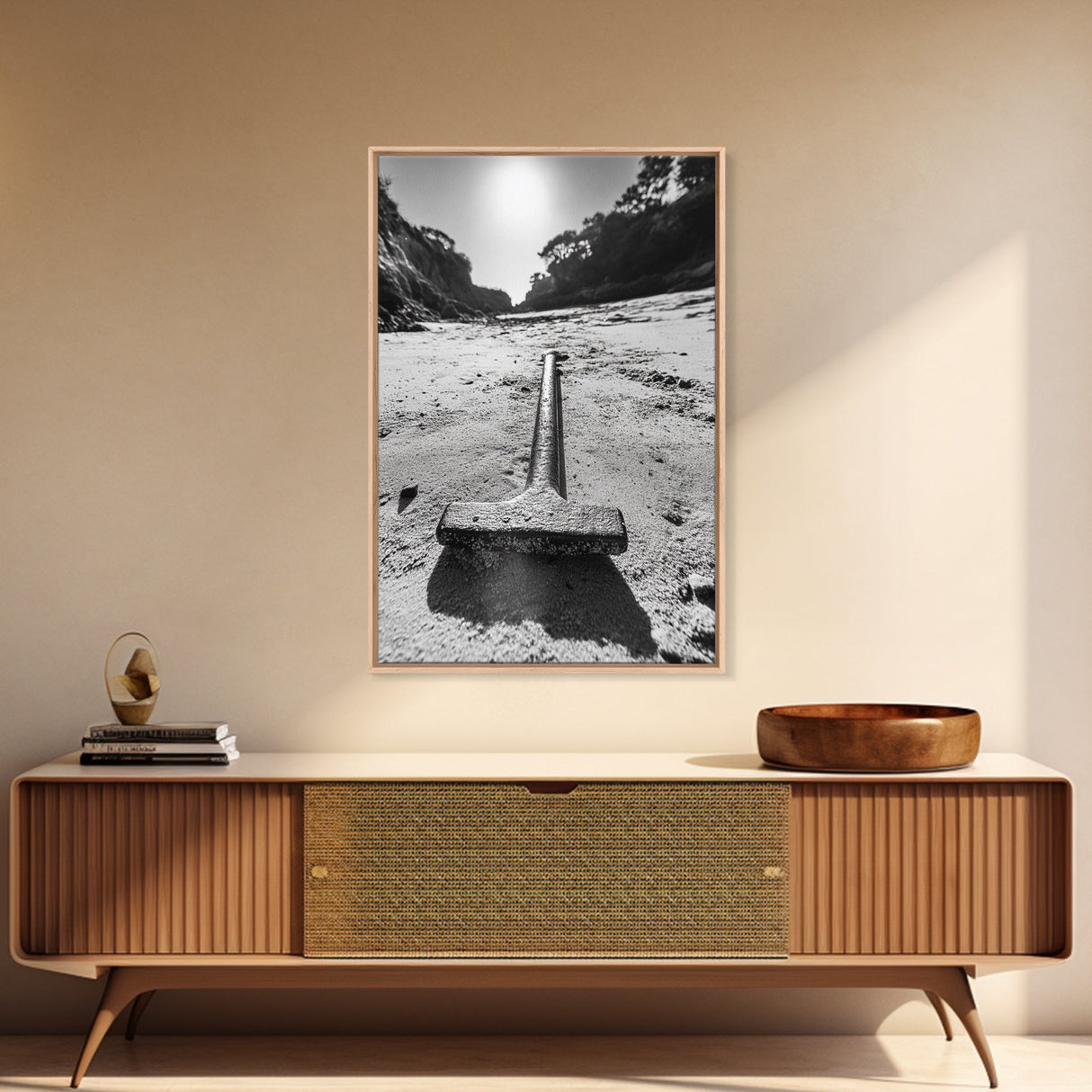 Industrial beach relic, iron hammer, rustic textures, minimalist black and white, Canvas Print, man cave art, coastal masculine decor
