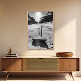 Industrial beach relic, iron hammer, rustic textures, minimalist black and white, Canvas Print, man cave art, coastal masculine decor