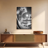 Wave Photography, Surfer Dream, Sea Curl Motion, Framed Canvas Print, Coastal Wall Art, Beach House Decor, Monochrome Ocean Style