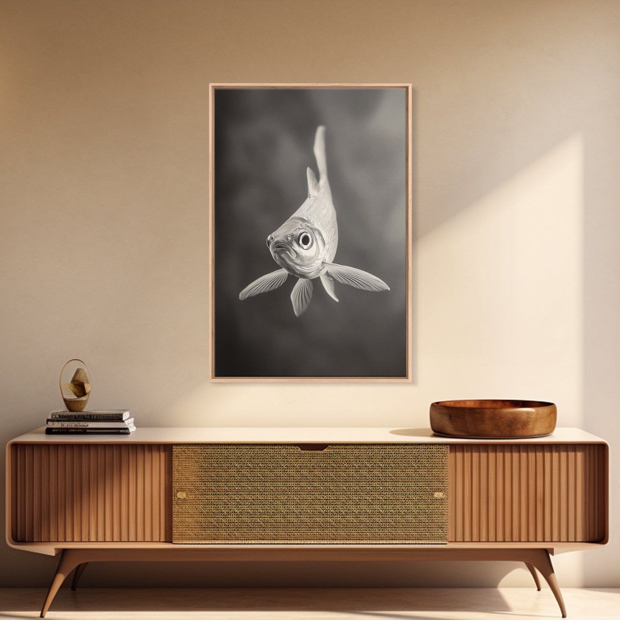 Curious Fish, Underwater Focus, Moody Marine Life, Framed Canvas Print, Bathroom Wall Art, Black and White Ocean Wildlife Decor