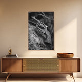 Floral Engraved Revolver, Vintage Western Gun, Cowboy Detail Shot, Canvas Print, Man Cave Art, Rustic Americana Wall Style