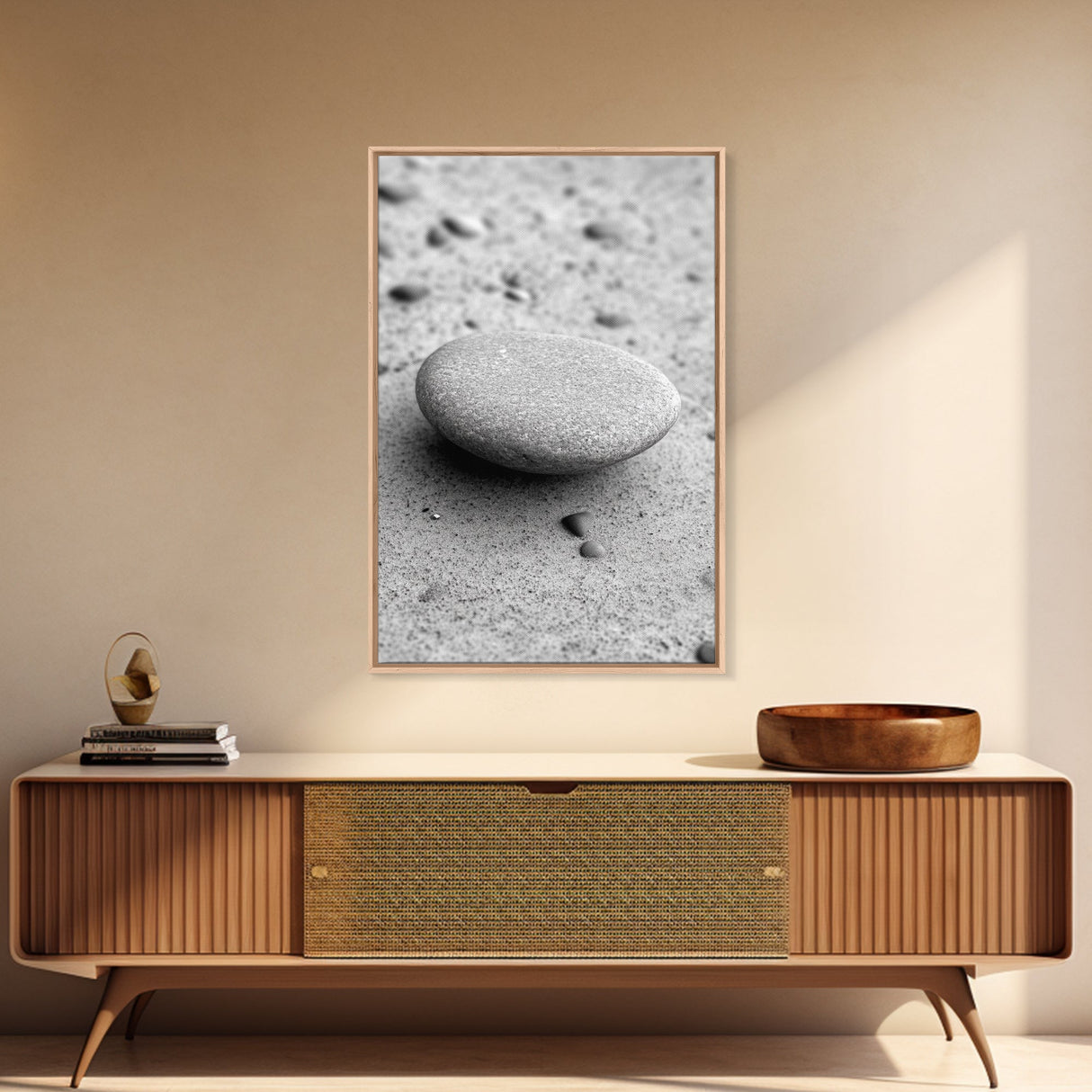 Smooth Beach Stone, Minimalist Sand Texture, Natural Balance, Canvas Print, Spa Room Wall Art, Calm Earthy Interior Style