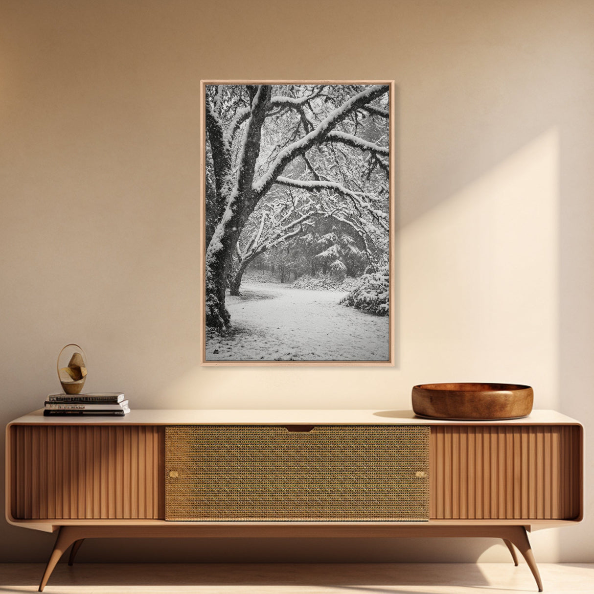 Snowfall Trees, Winter Forest, Nature Pathway, Canvas Print, Holiday Season Decor, Cozy Living Room or Cabin Wall Art