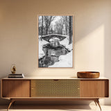 Stone Bridge, Winter Stream, Historic Pathway, Framed Canvas Print, Snowy Landscape Art, Traditional Living Room Wall Decor