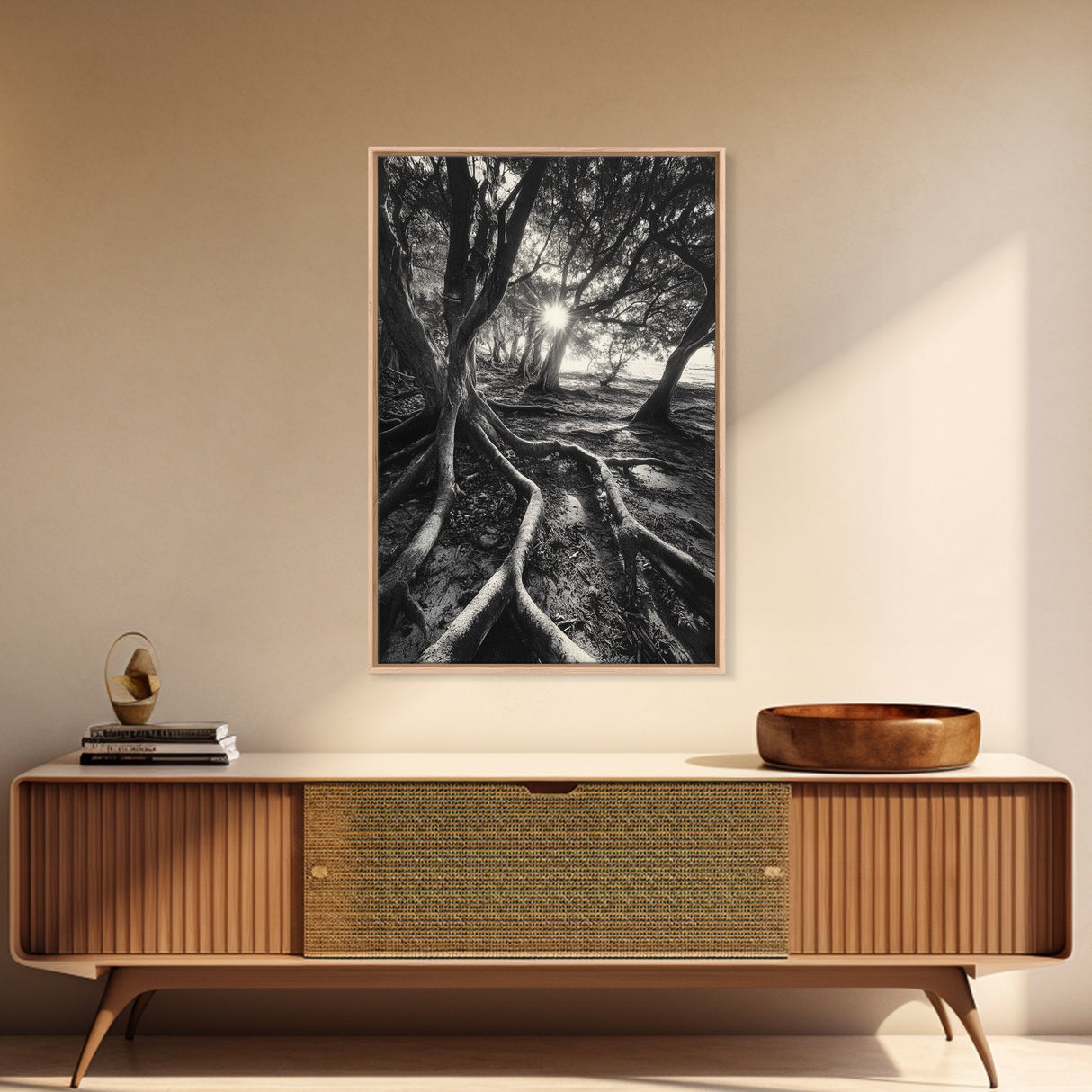 Sunlit Forest Roots, Tree Shadows, Golden Light, Framed Canvas Print, Boho Nature Wall Art, Bedroom Wall Decor, Earthy Tones