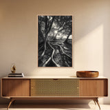 Sunlit Forest Roots, Tree Shadows, Golden Light, Framed Canvas Print, Boho Nature Wall Art, Bedroom Wall Decor, Earthy Tones