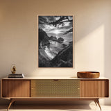 Cliffside Ocean View, Sunset Horizon, Trees Framing Sky, Canvas Print, Coastal Landscape Art, Cabin Living Room Decor, Moody Style