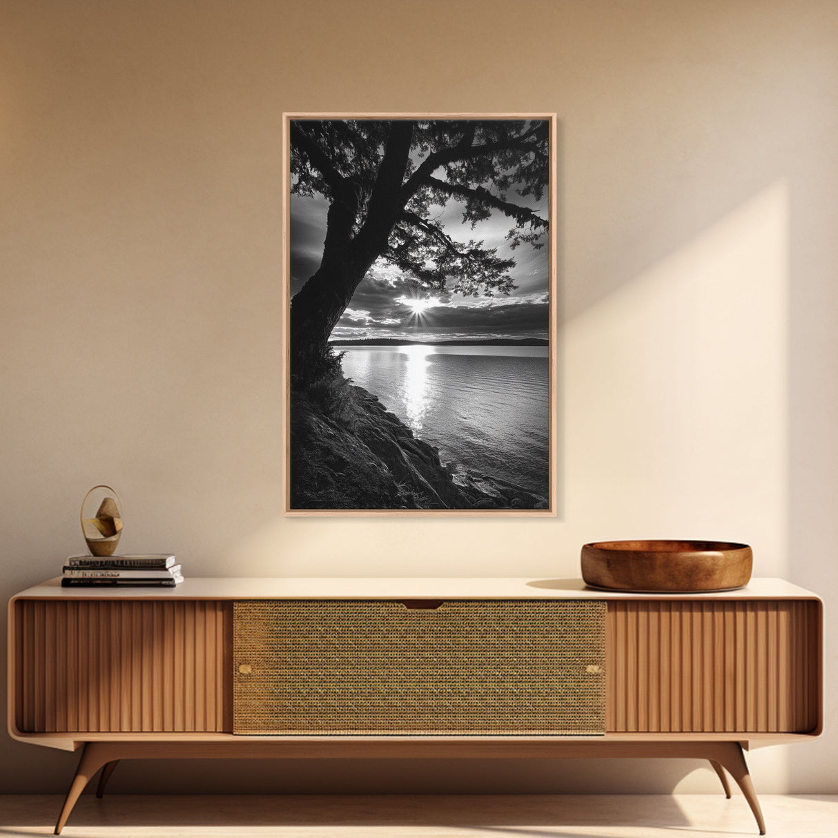 Tranquil Lake Sunset, Tree Silhouette, Calm Waters, Canvas Print, Nature Inspired Wall Art, Relaxing Bedroom Decor, Minimalist Zen