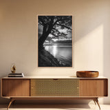 Tranquil Lake Sunset, Tree Silhouette, Calm Waters, Canvas Print, Nature Inspired Wall Art, Relaxing Bedroom Decor, Minimalist Zen